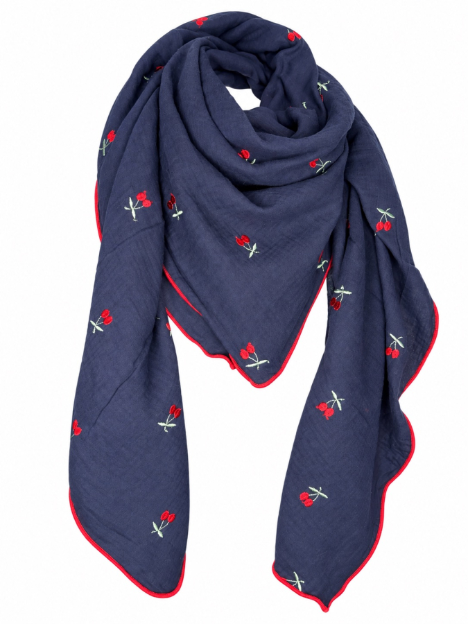 Musselin-Schal Damen Marineblau mit Kirschen 140 × 140 cm von OBERMUTTI